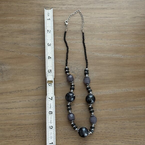 Vtg Chunky Gunmetal Black Silver Beaded Necklace Matching Set Stretch Bracelets - Picture 15 of 16